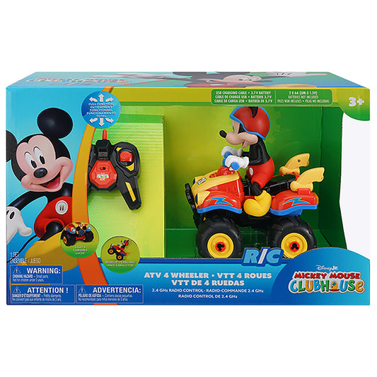 Disney Jr Mickey Mouse ATV 4 Wheeler RC toy with red and yellow design, remote control, and light-up features