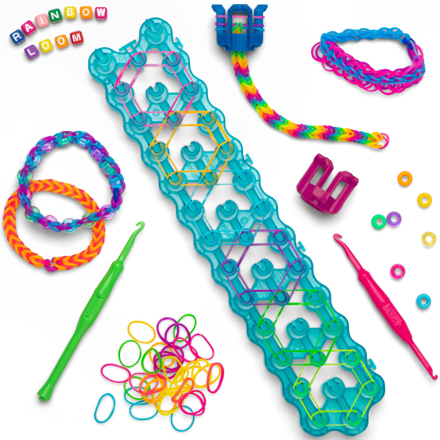 Rainbow Loom Bead Station kit with turquoise loom, colorful rubber bands, beads, and crochet hook