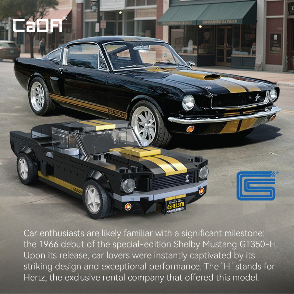 CaDA Shelby GT 350H building set with black and gold racing stripes, shown assembled next to instruction box