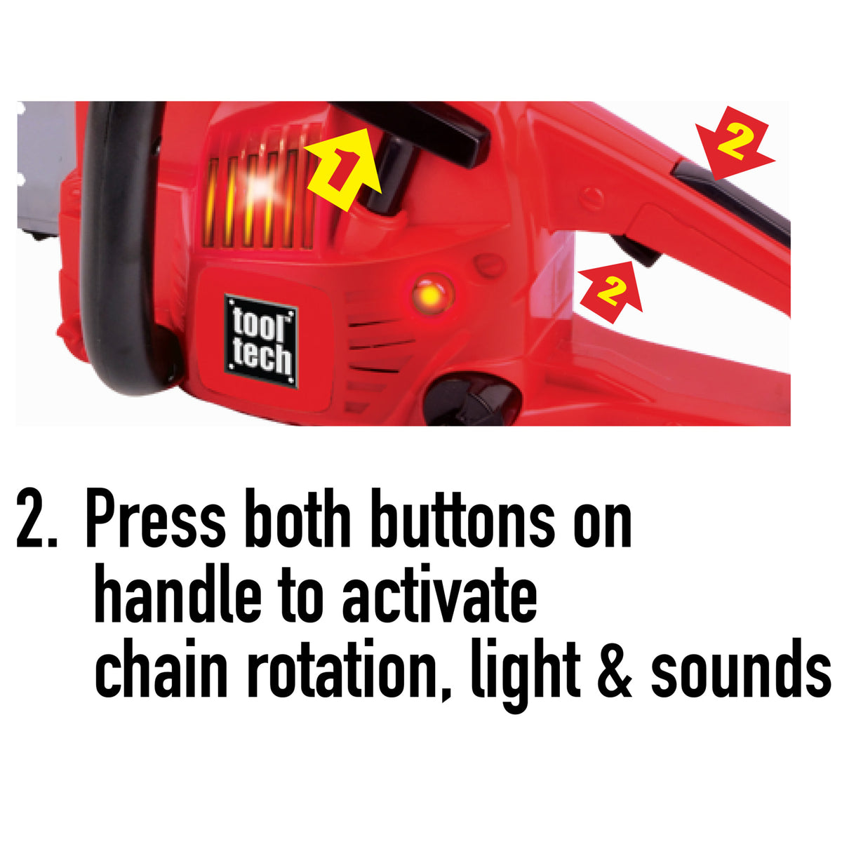 Tool Tech Powered Chain Saw toy in red with lights, sounds, and rotating chain