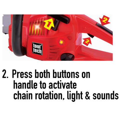 Tool Tech Powered Chain Saw toy in red with lights, sounds, and rotating chain