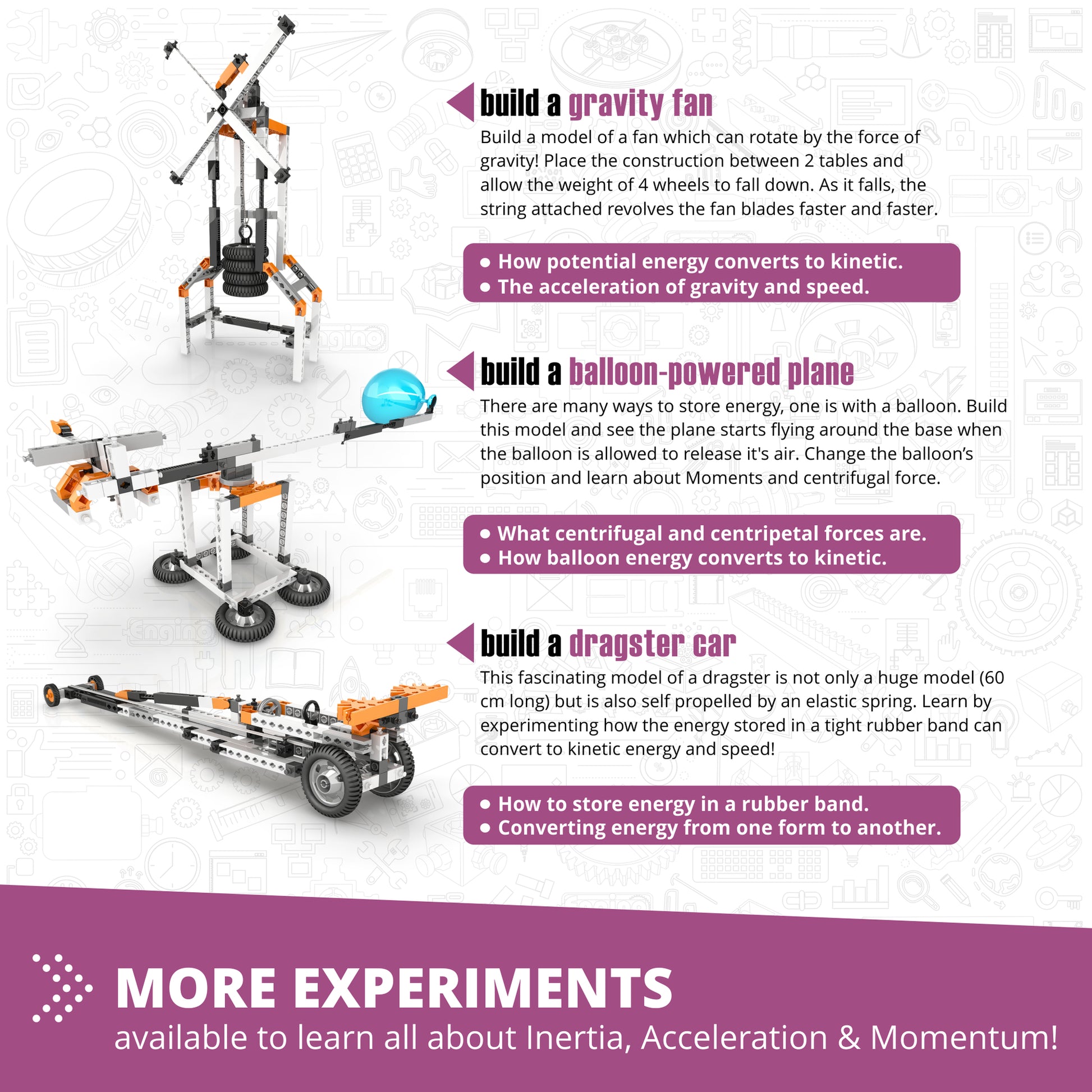 Engino Newton's Laws STEM building set with gravity fan, balloon plane, and dragster car models in orange and black