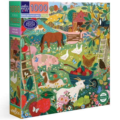 Piece&Love English Pastures 1000 piece puzzle with colorful farm animals and pastoral scene
