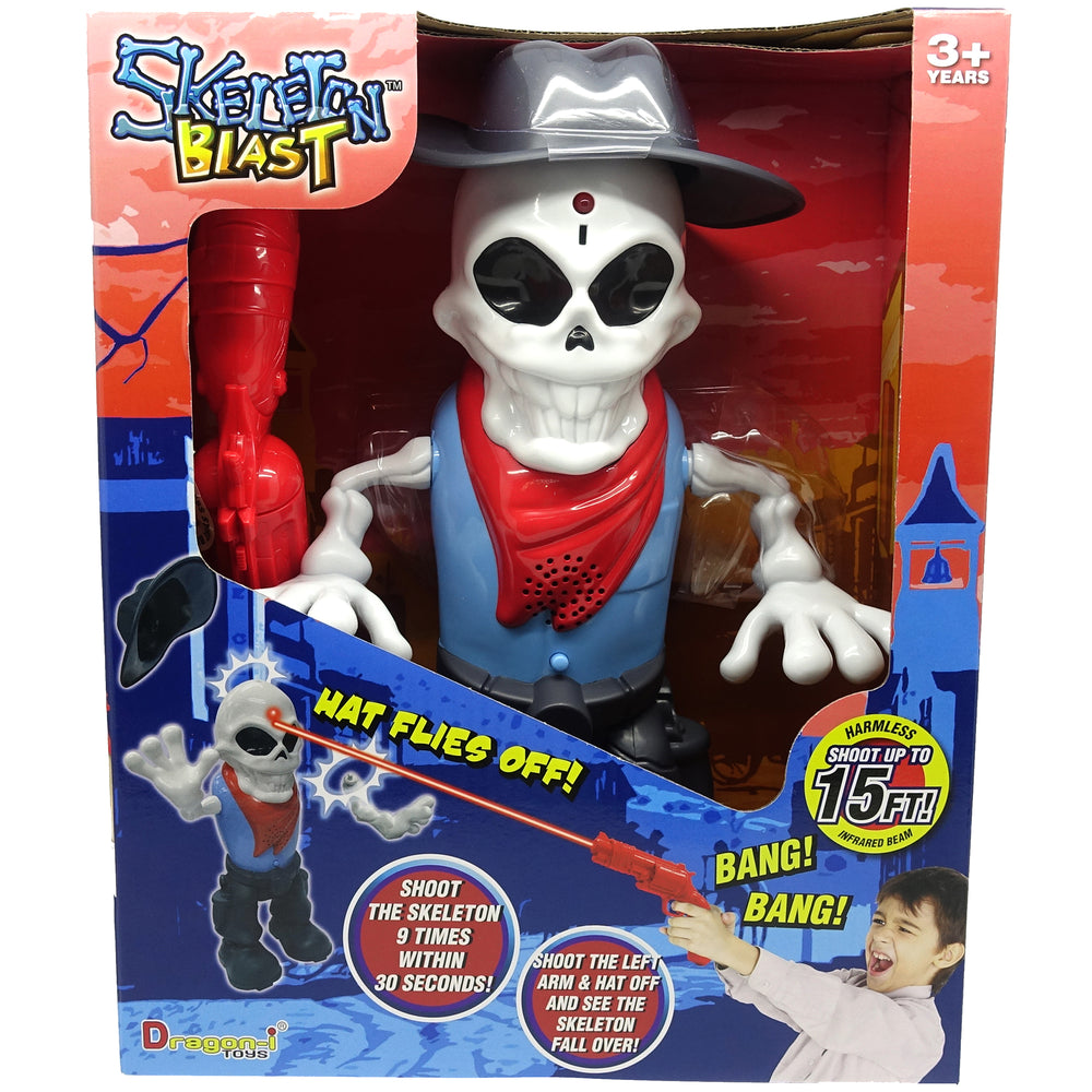 Skeleton Blast infrared shooting game toy with white skull, red bandana, blue vest, and cowboy hat