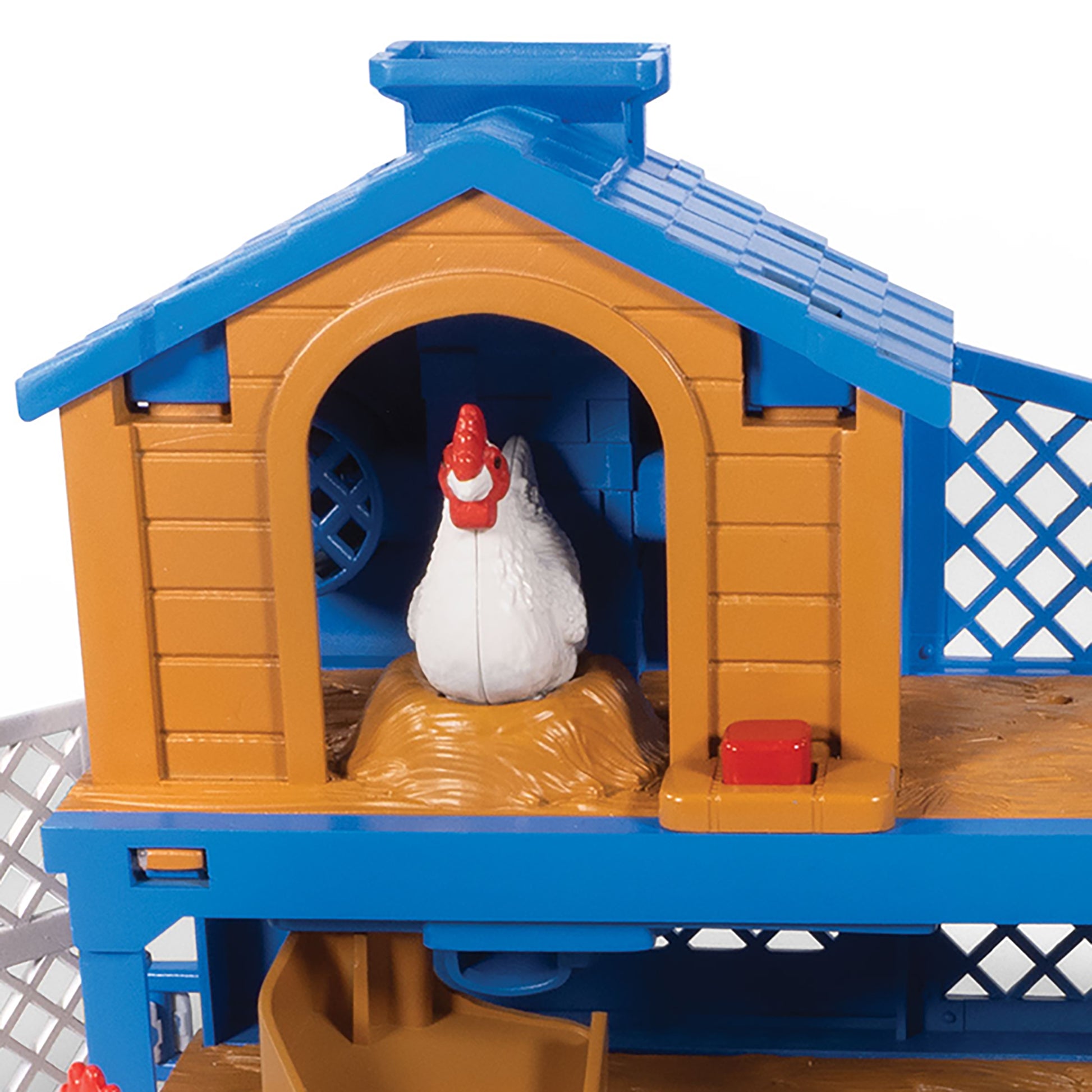 Big Country Toys Chicken Coop Adventure playset with blue and orange farm house and white chicken figure