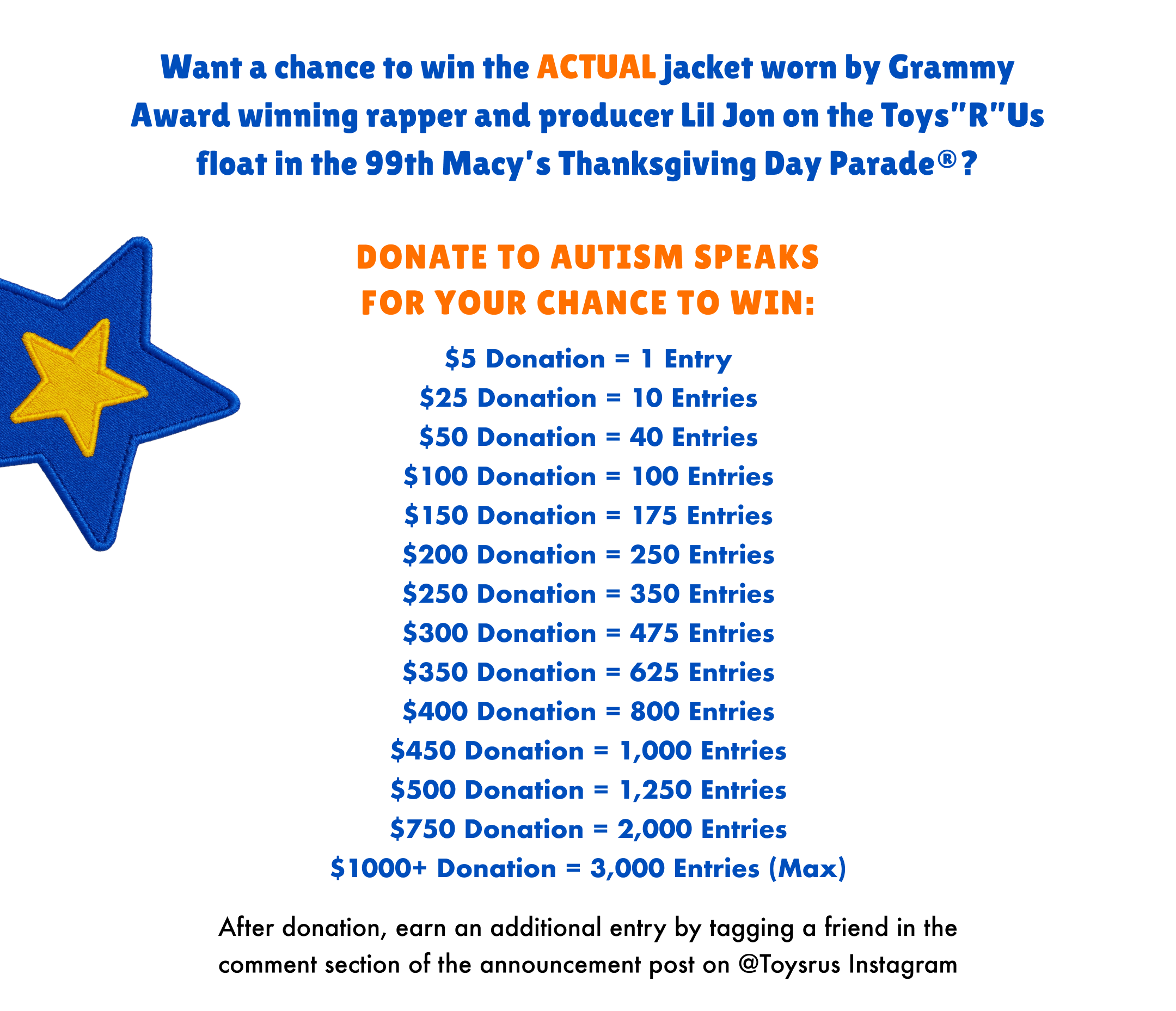 Want a chance to win the actual jacket worn by grammy award winning rapper and producer Lil Jon on the Toys"R"Us float in the 99th Macy's Thanksgiving Day Parade? Donate to Autism Speaks for your chance to win: $5 donation = 1 entry, $25 donation = 10 entries, $50 donation = 40 entries, $100 donation = 100 entires, $150 donation = 175 entries, $200 donation = 250 entries, $250 donation = 350 entries, $300 donation = 475 entries, $350 donation = 625 entries, $400 donation = 800 entries, $450 donation = 1,000 entries, $500 donation = 1,250 entries, $750 donation = 2,000 entries, $1,000+ donation = 3,000 entires (max) After donation, earn an additional entry by tagging a friend in the comment section of the announcement post on @Toysrus Instagram.