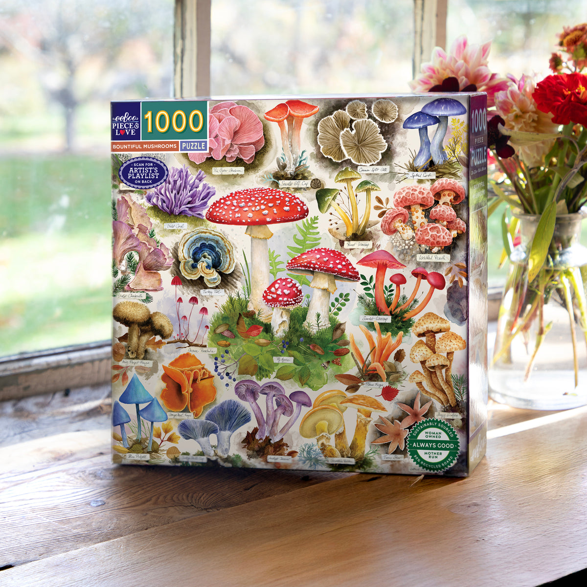 Piece & Love Bountiful Mushrooms 1000 piece jigsaw puzzle featuring colorful illustrated mushrooms