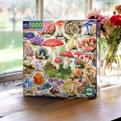 Piece & Love Bountiful Mushrooms 1000 piece jigsaw puzzle featuring colorful illustrated mushrooms