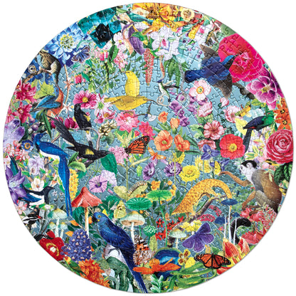 eeBoo Paradise Garden 500-piece round jigsaw puzzle with colorful birds, flowers, and nature artwork