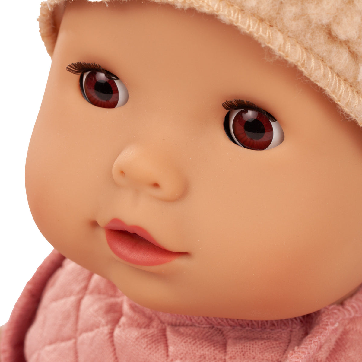 Gotz Maxy Muffin Little Bear 16.5 inch baby doll with red eyes and pink outfit