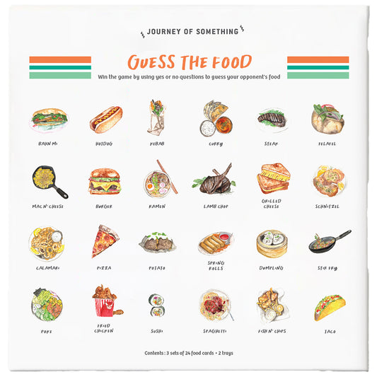 JOS Guess The Food game with 24 colorful food card illustrations in orange and green