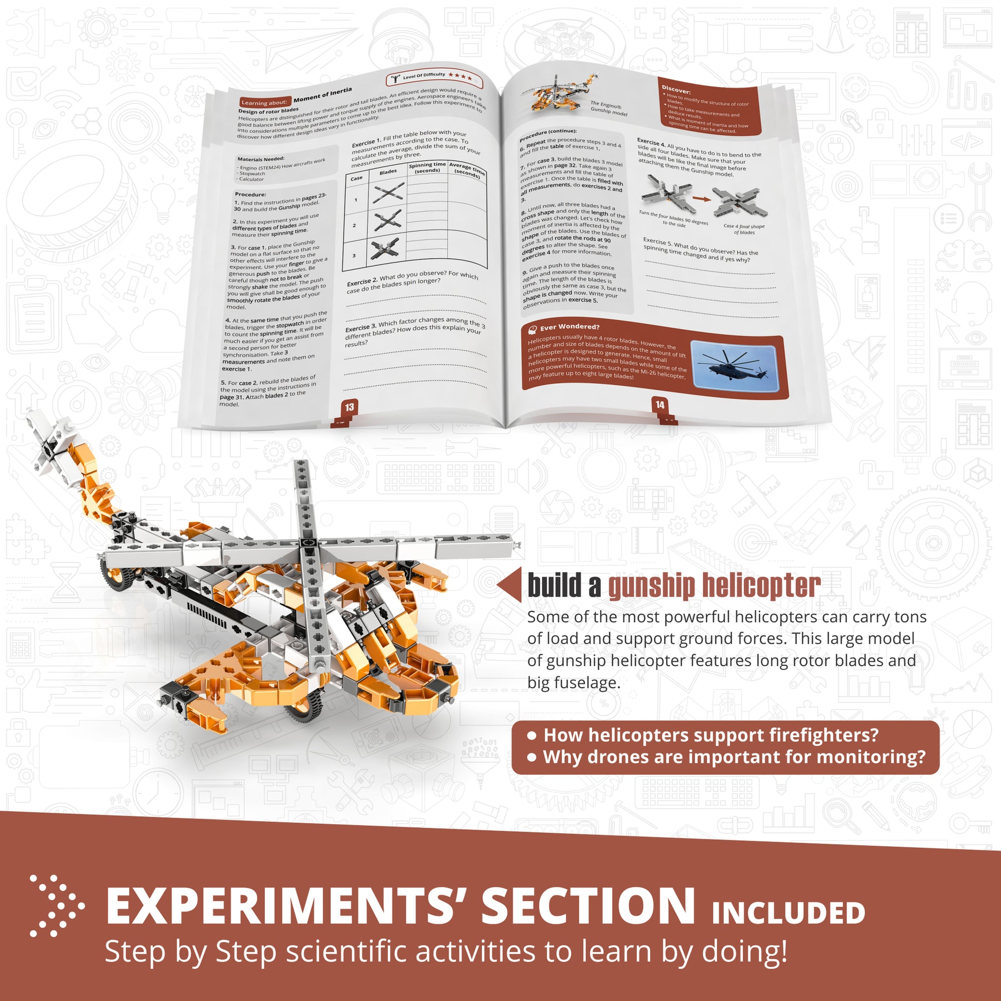 Engino Discovering STEM aircraft building set with orange and gray brick pieces and instruction manual