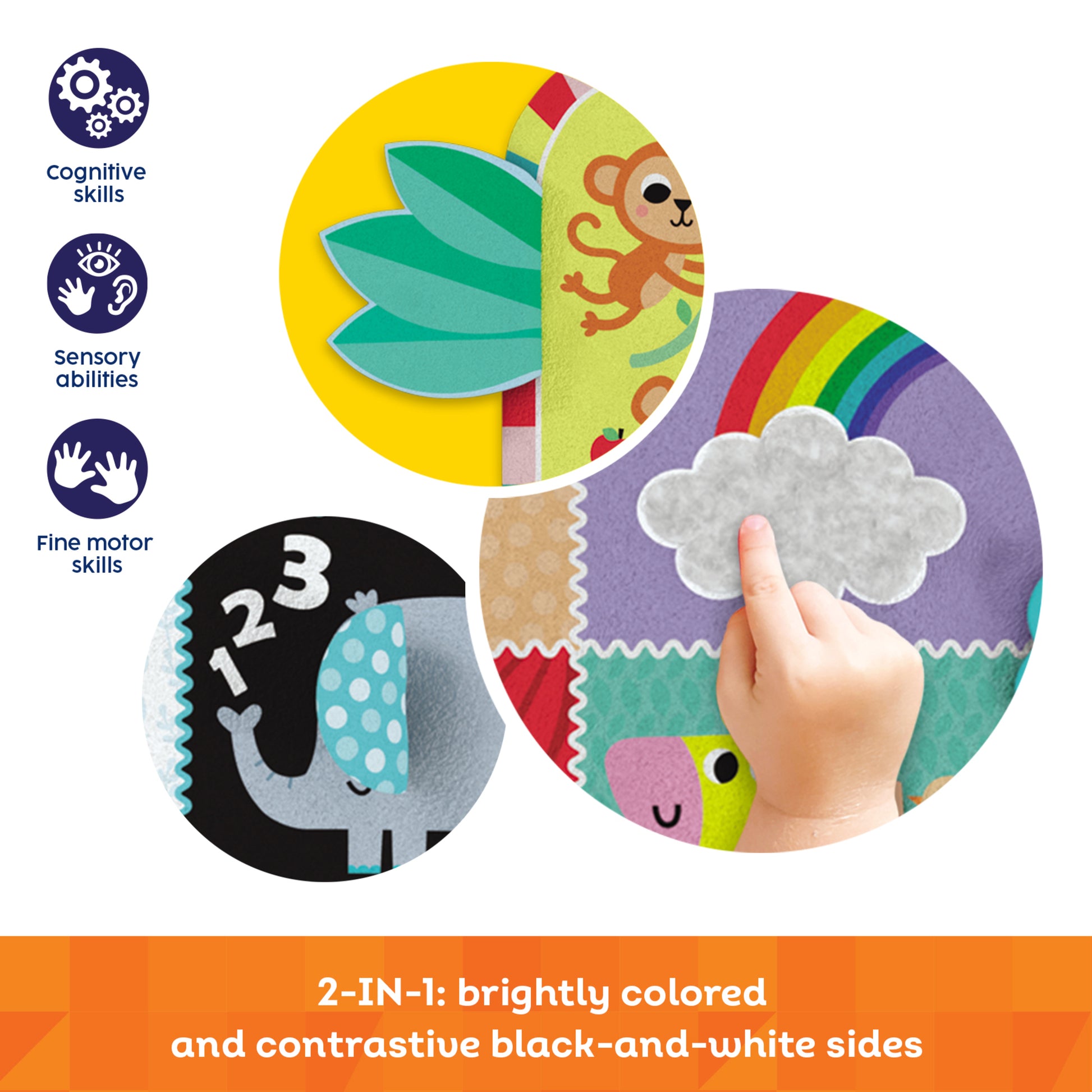 Kids Hits Two-Sided Play Mat with colorful animals and black-and-white side, interactive sensory toy for babies