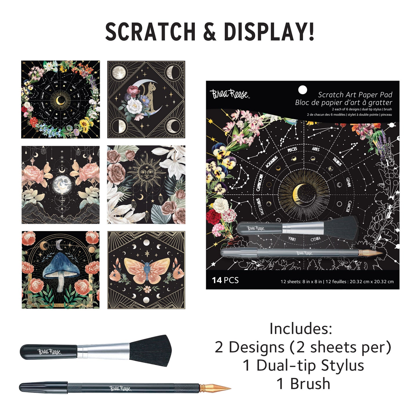 Bblue Reese Scratch Art Paper Pad Whimsical Celestial with brush and stylus tools