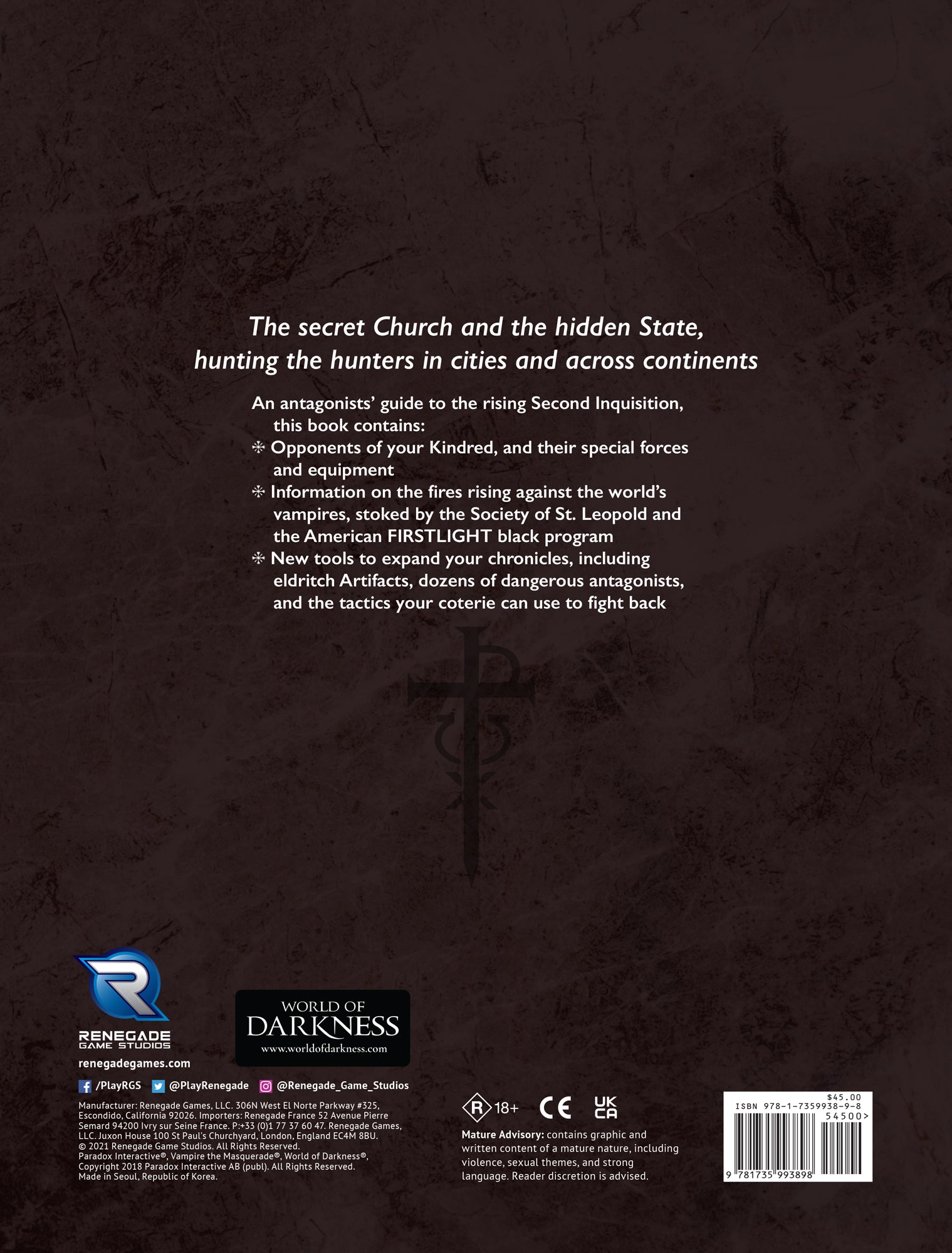 Vampire: The Masquerade 5th Edition Second Inquisition RPG book cover with dark textured background