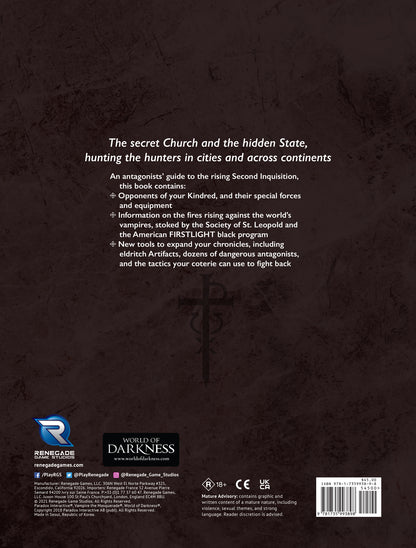 Vampire: The Masquerade 5th Edition Second Inquisition RPG book cover with dark textured background