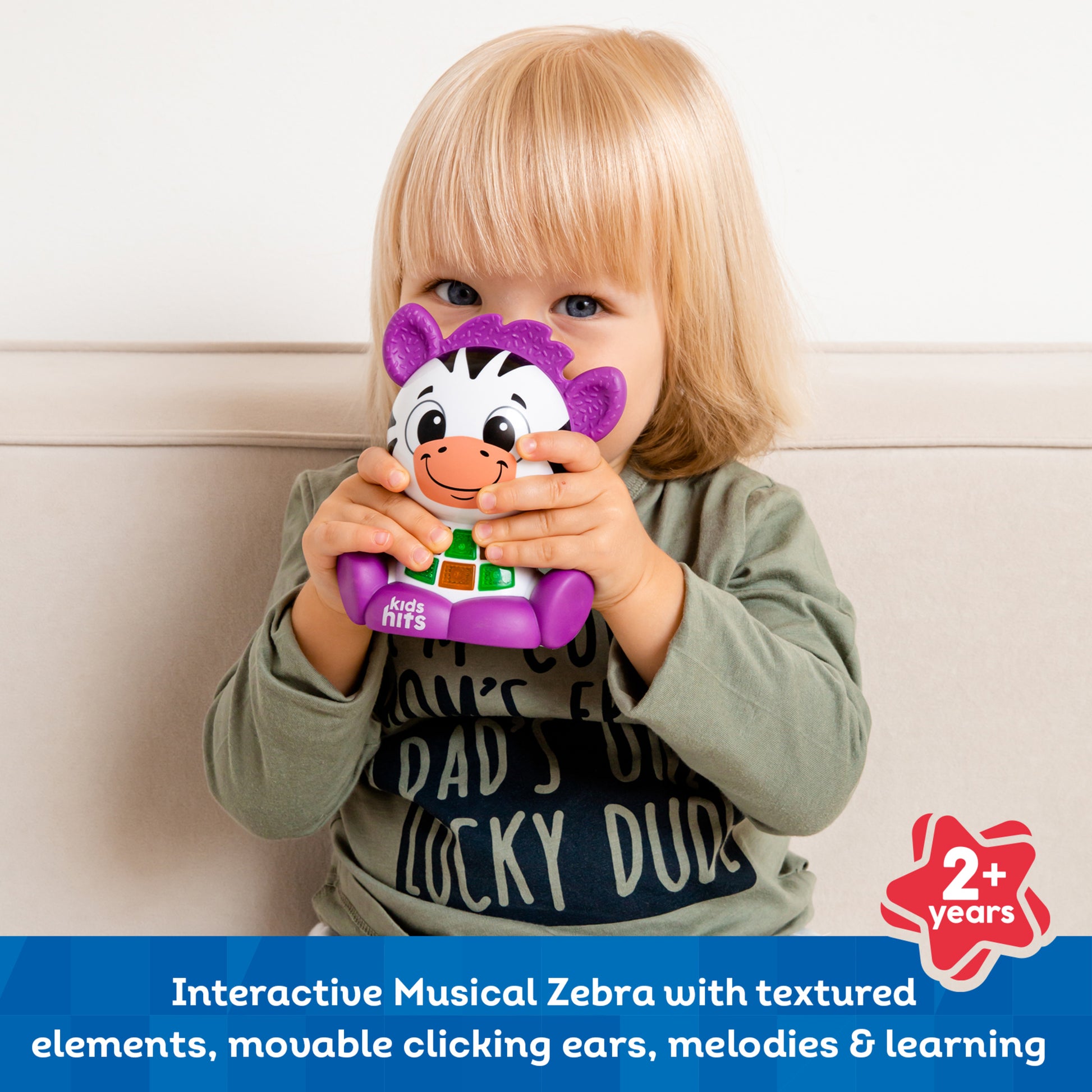 Kids Hits Babykins Zebra musical toy with purple ears and interactive buttons for toddlers