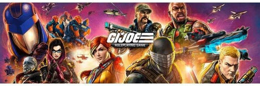 G.I. Joe Roleplaying Game promotional banner featuring armed military characters, explosions, aircraft, and the G.I. Joe logo on a purple and orange gradient ba