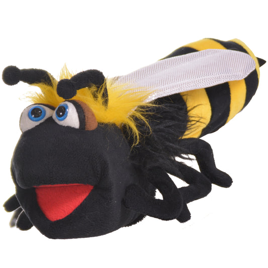 Living Puppets: Biz The Bumble Bee hand puppet with black body, yellow and black striped back, blue eyes, red mouth, ...