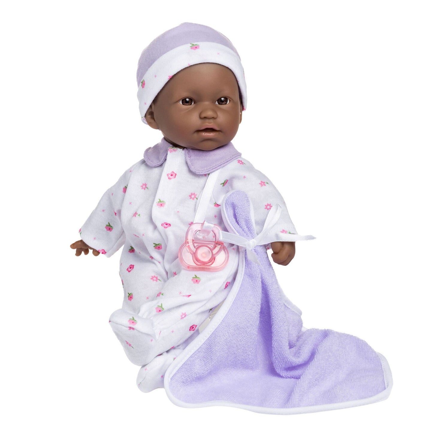 JC Toys La Baby African American doll in purple outfit with blanket and pacifier