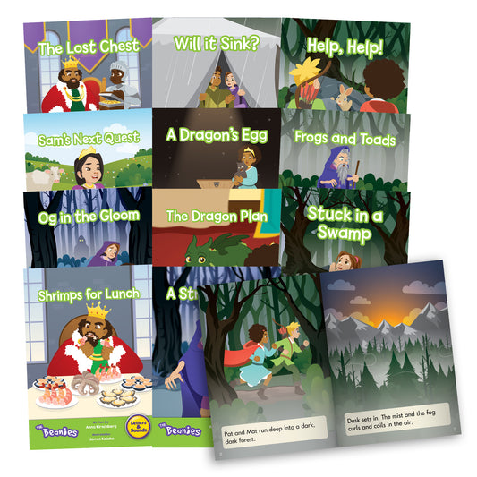 Collection of 12 colorful children's books from the Junior Learning Beanies Diversity Phase 4 set, displayed in a grid layout showing story covers including The