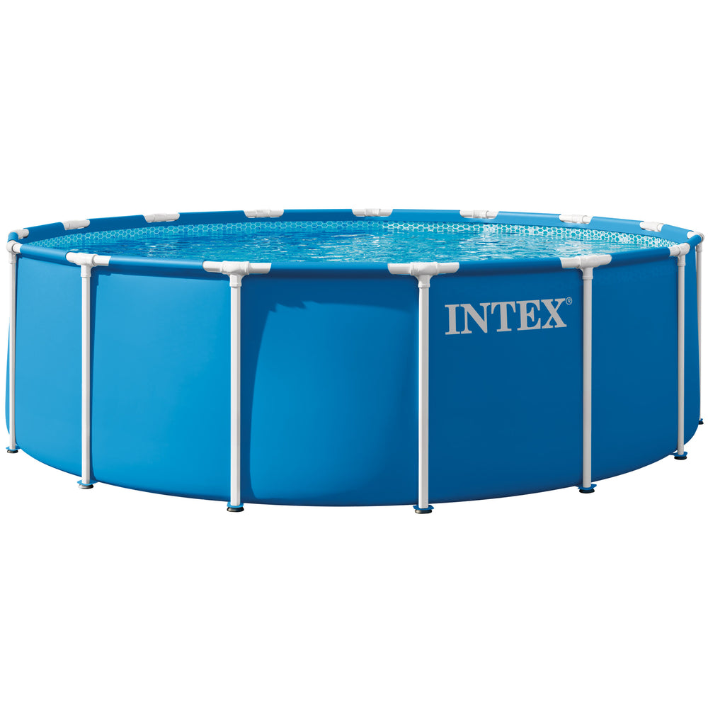 Intex 15' x 48" Metal Frame Pool Set with blue vinyl, white frame supports, filter pump and ladder