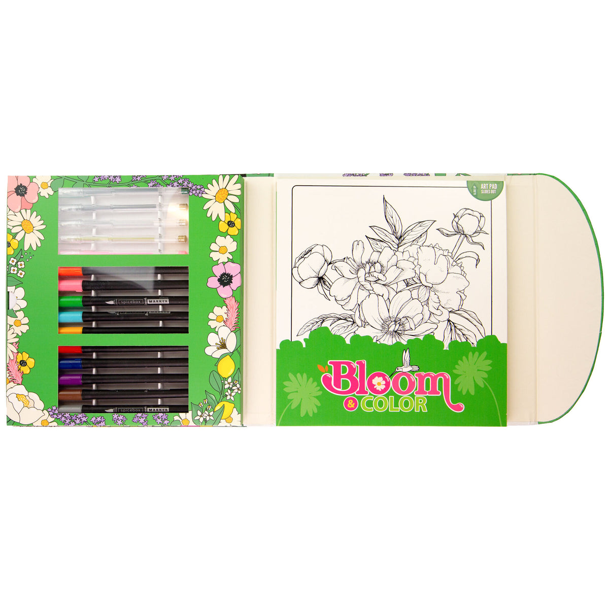 Sketch Plus: Bloom & Color floral coloring set with markers, gel pens, and 24-page coloring pad featuring flower illu...