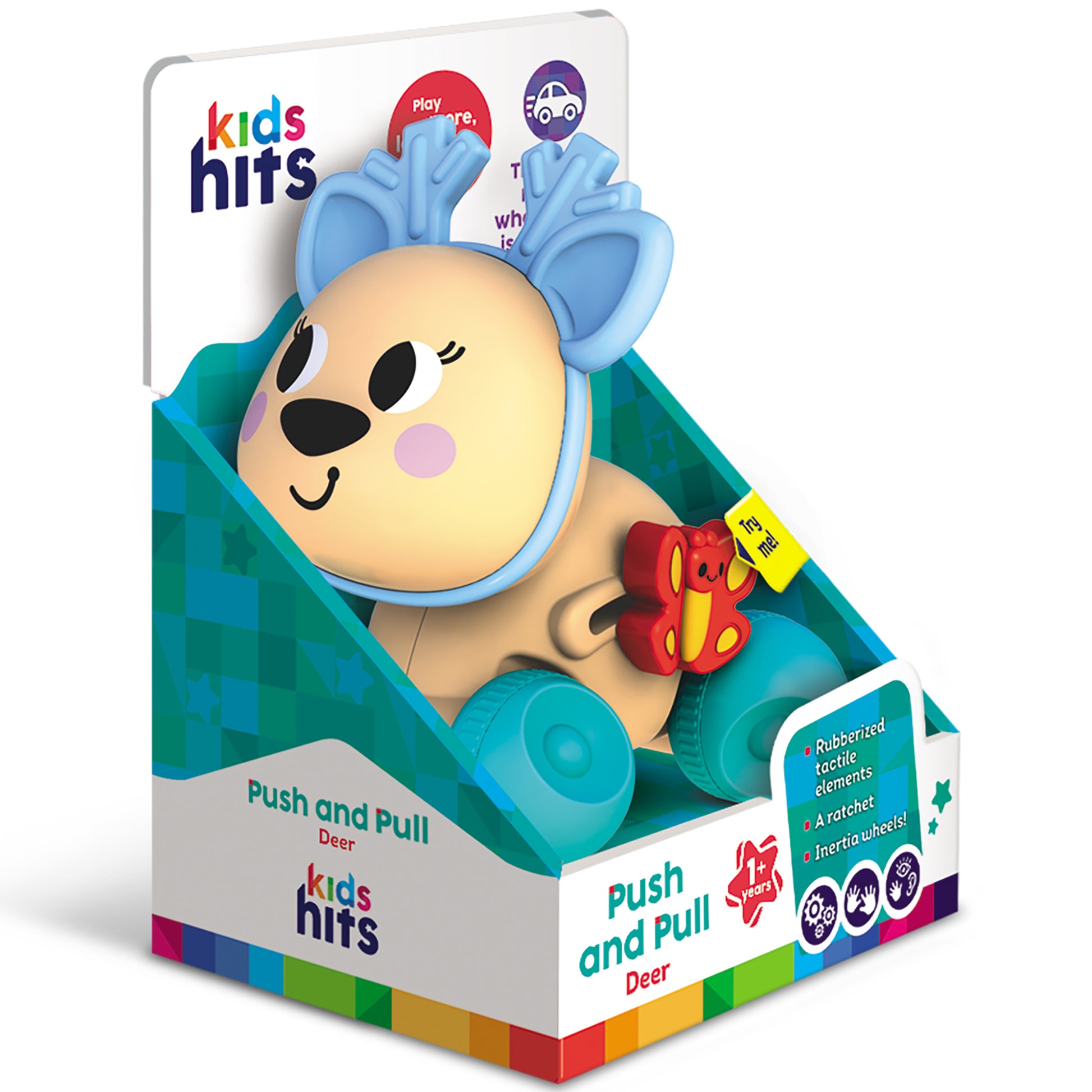 Kids Hits Push and Pull Deer toy with blue ears, tan body, inertia wheels, and ratchet sound