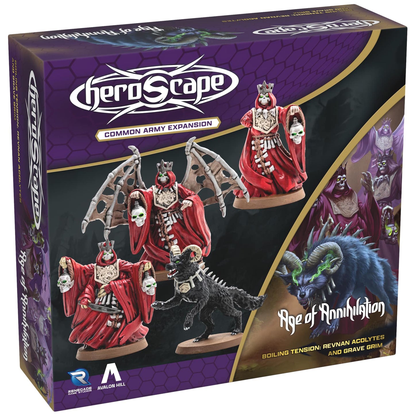 Heroscape Common Army Expansion: Revnan Acolytes & Grave Grim miniatures with red robes and dark beast figure