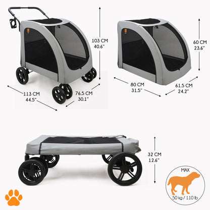 My Duque Chester grey pet stroller with raincover, dimensions and 110lb weight capacity shown