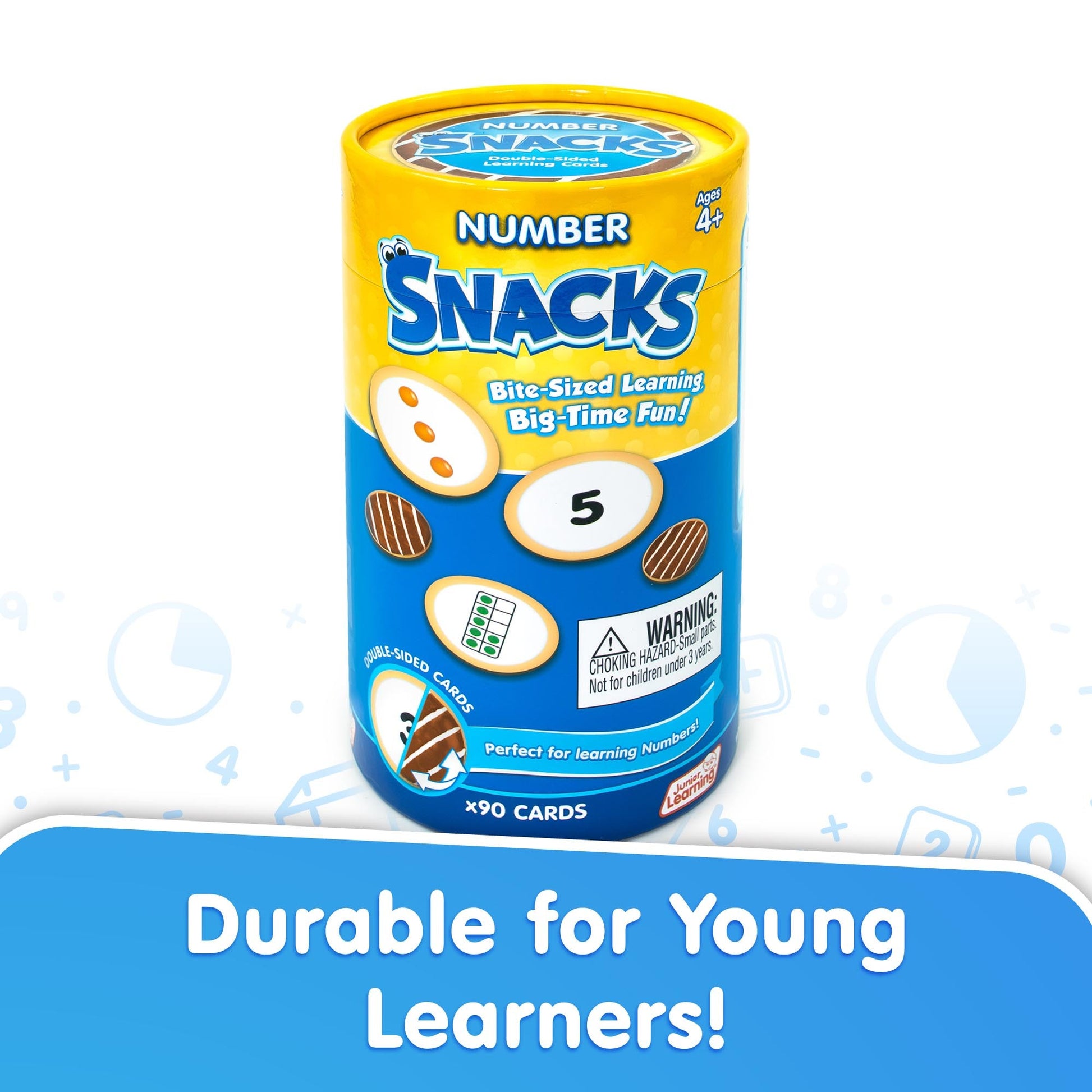 Number Snacks Math Learning Card Game with 90 double-sided cards in yellow and blue packaging