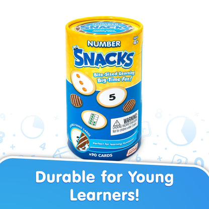 Number Snacks Math Learning Card Game with 90 double-sided cards in yellow and blue packaging