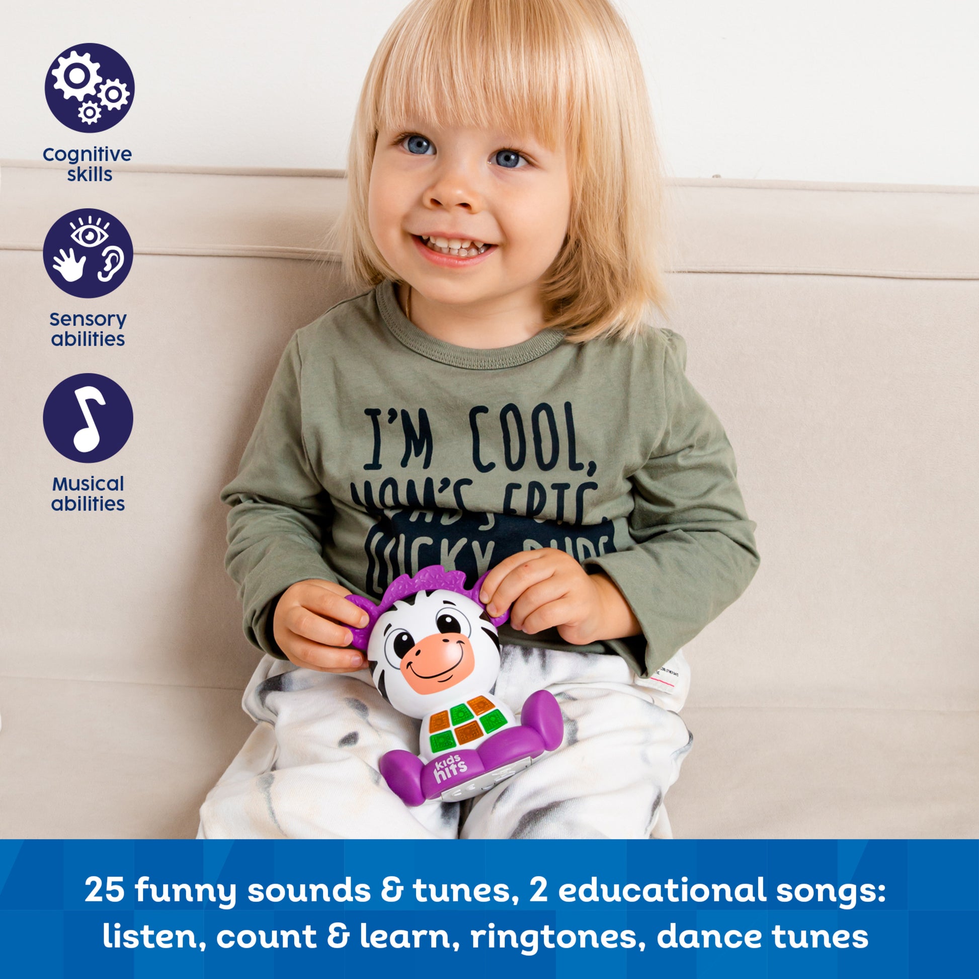 Kids Hits Babykins Zebra musical toy with purple and white colors, lights and sounds features