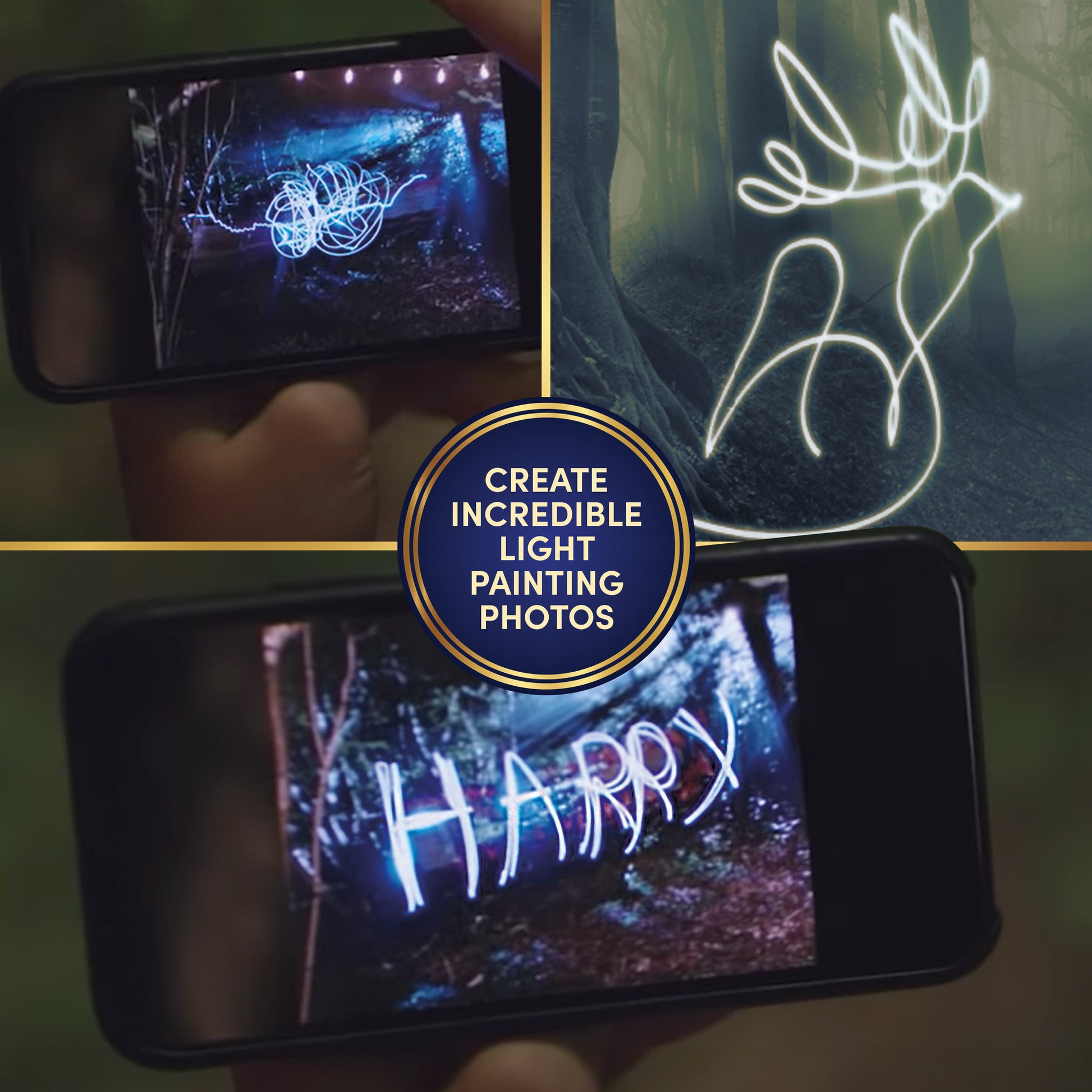 Lumos Wand light painting photos showing glowing blue and white effects
