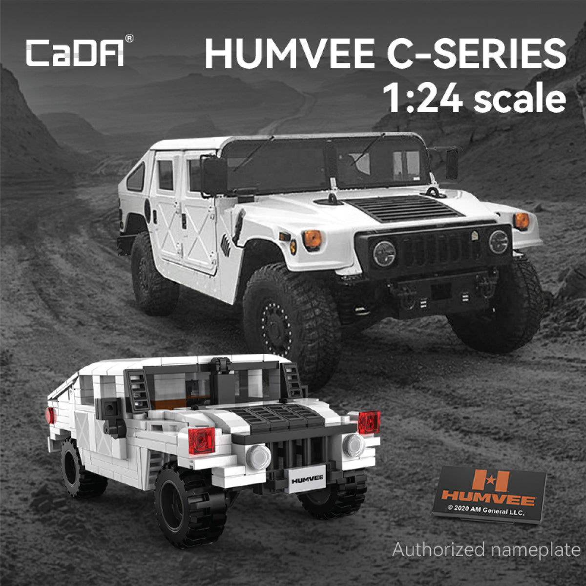 CaDA Humvee 1:24 scale building set with white and black military vehicle model shown assembled and as construction p...