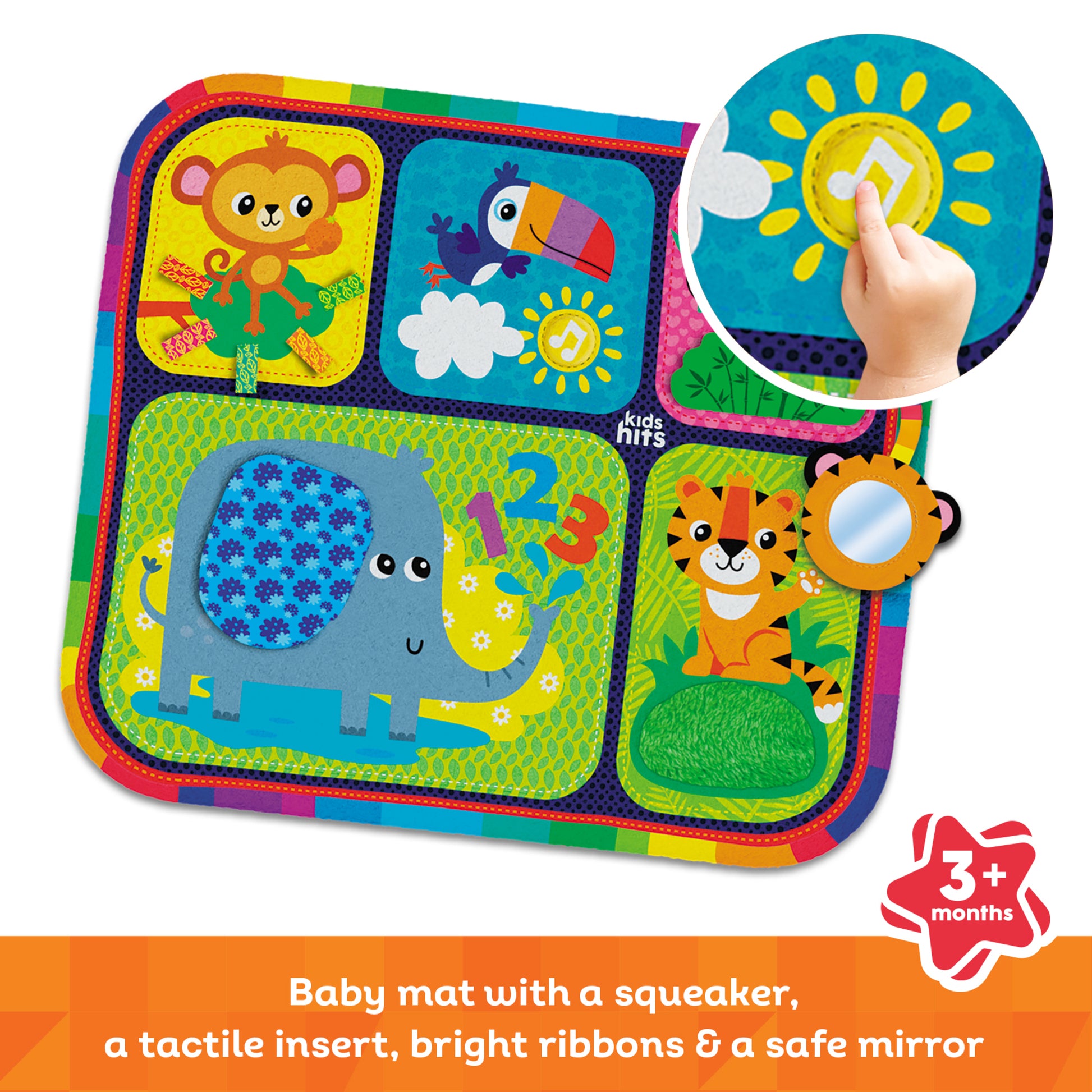 Kids Hits Baby Touch Mat My First Zoo with mirror, squeaker, and colorful animal designs for sensory play