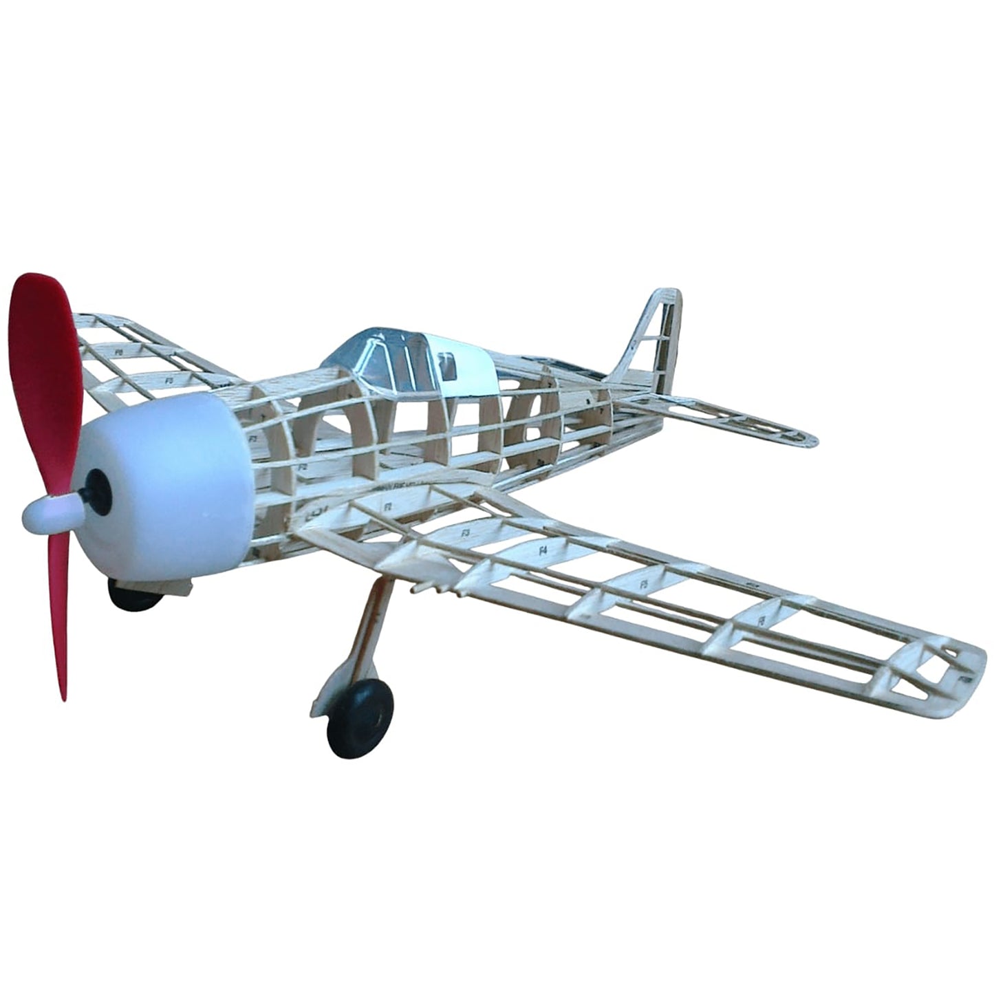 F6F Hellcat Flying Model Kit with blue fuselage, red propeller, and detailed frame structure
