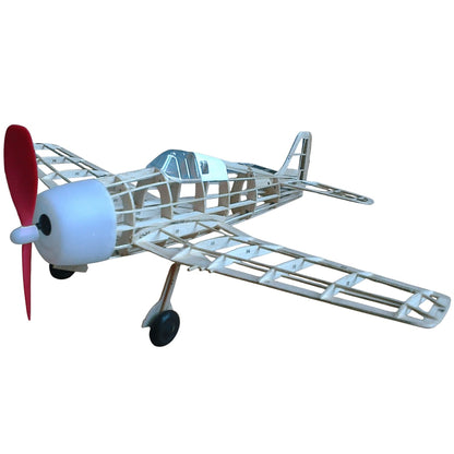 F6F Hellcat Flying Model Kit with blue fuselage, red propeller, and detailed frame structure