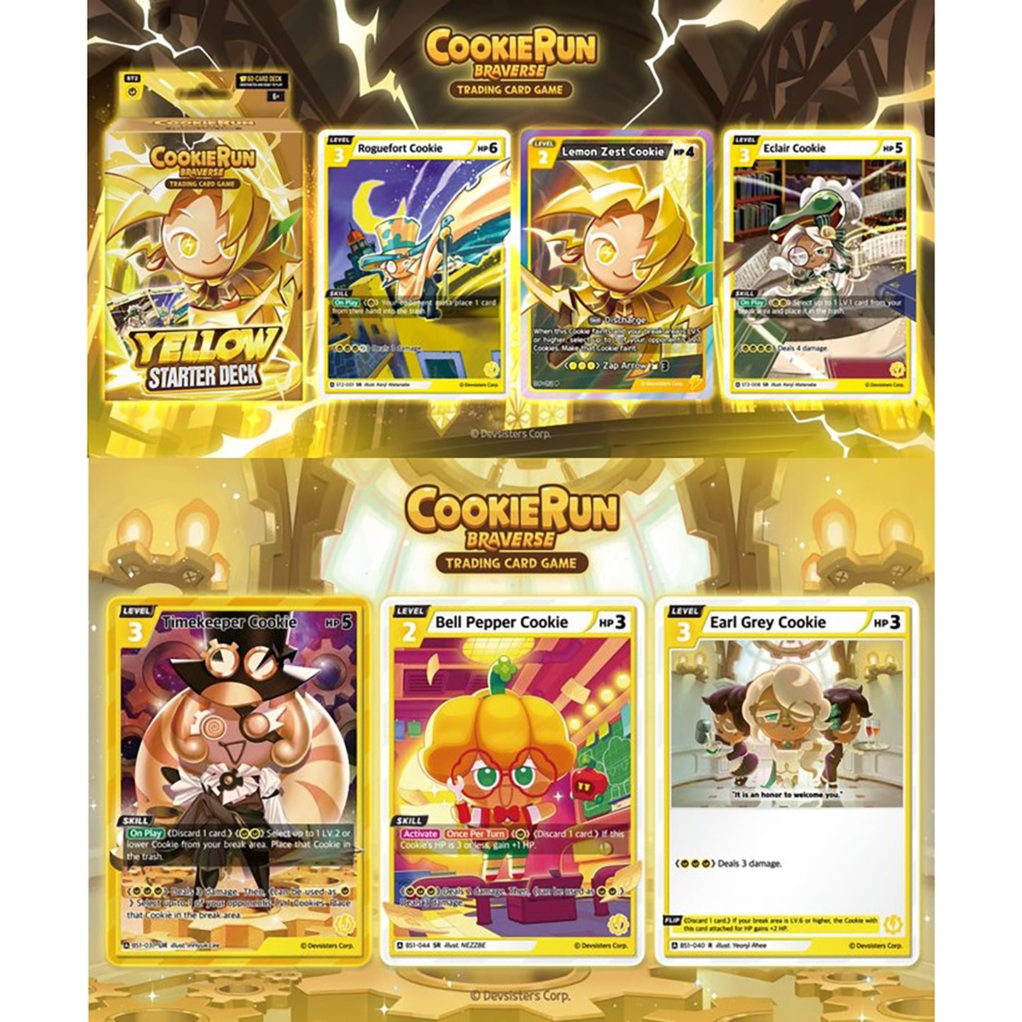 CookieRun Braverse Trading Card Game Yellow Starter Deck with 60-card set featuring Roguefort Cookie, Lemon Zest Cook...