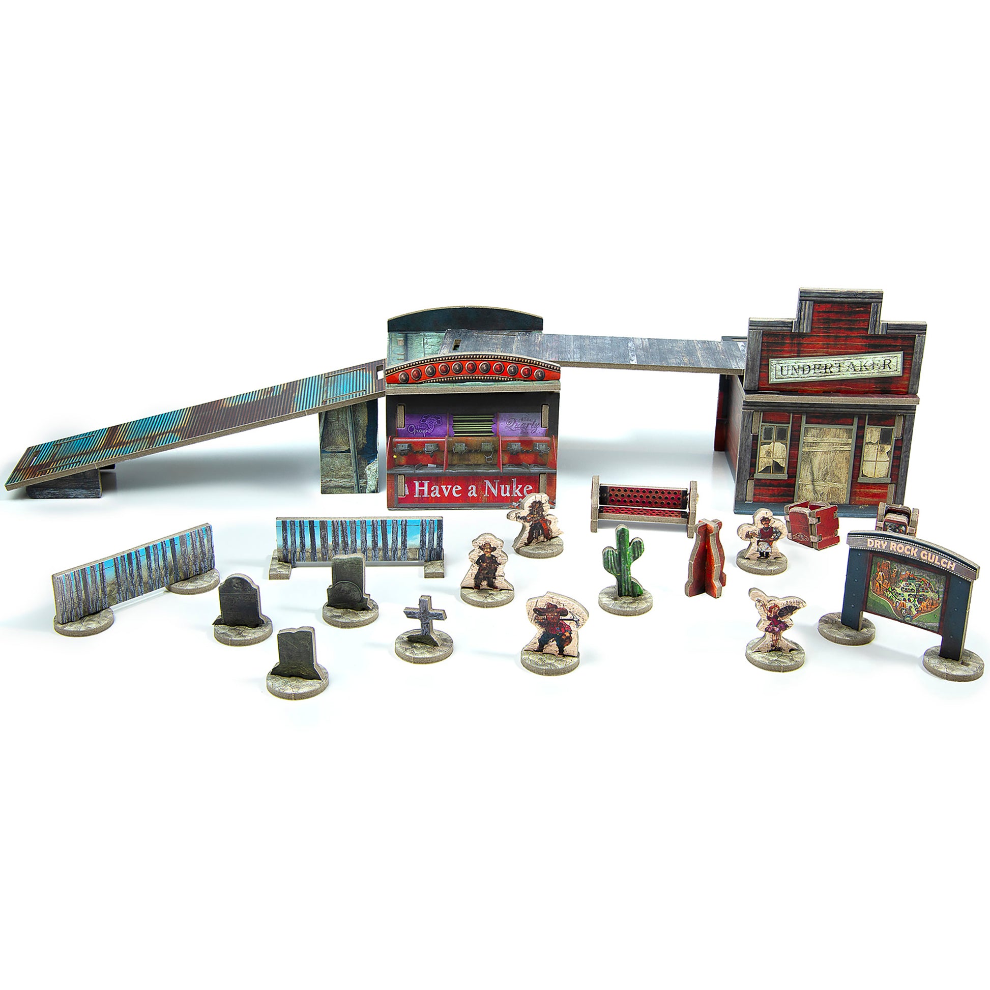 Fallout: Factions Tokens and Terrain Pack 1 with miniatures, buildings, and game scenery