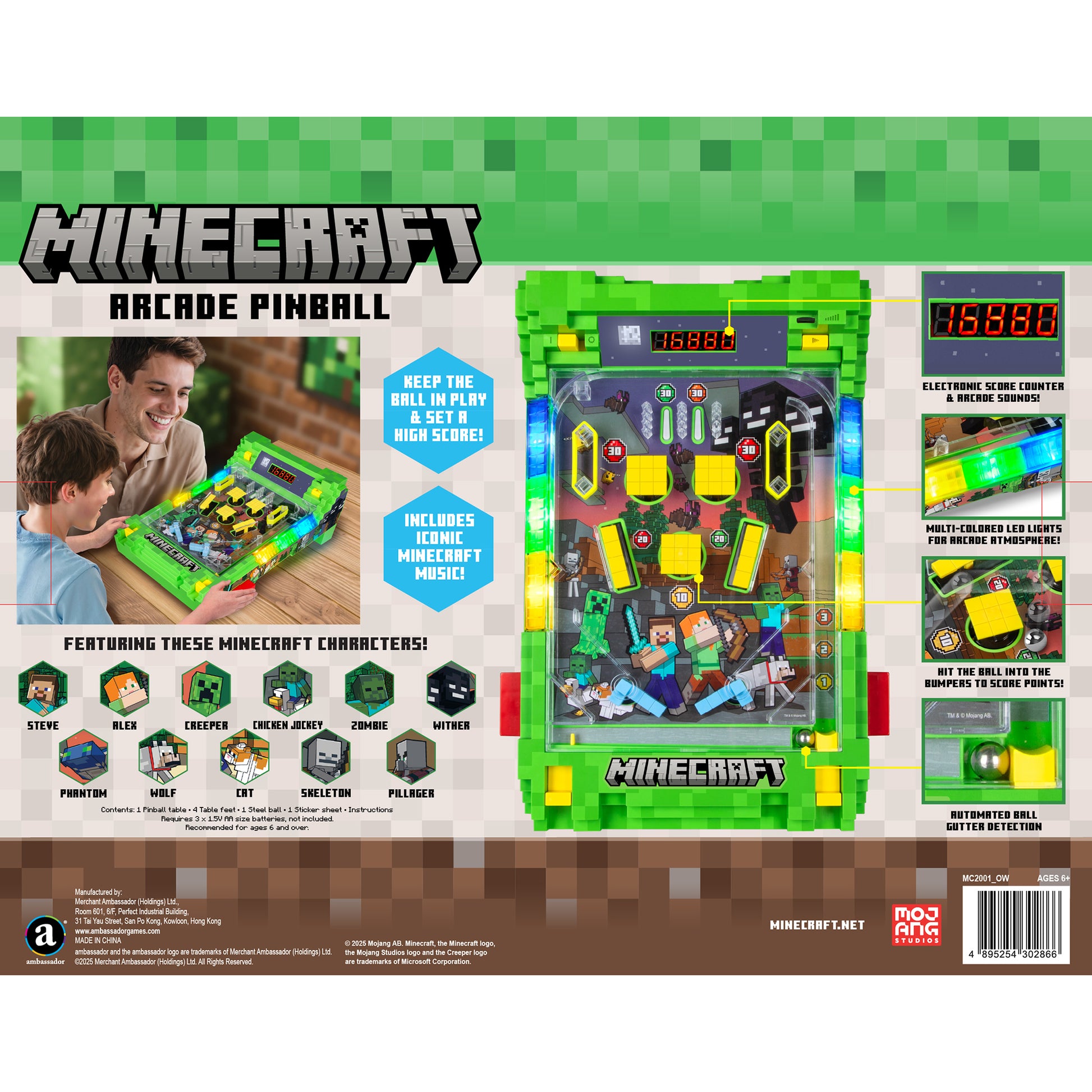 Minecraft Arcade Pinball game with green case, yellow flippers, LED lights, and pixel characters