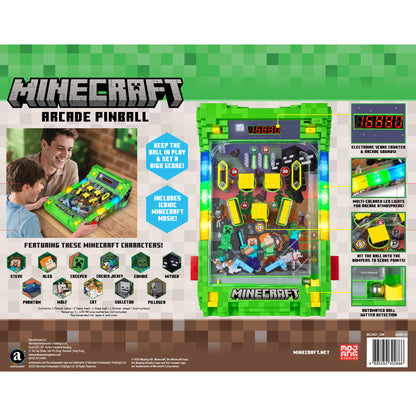 Minecraft Arcade Pinball game with green case, yellow flippers, LED lights, and pixel characters