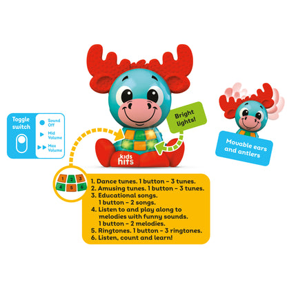 Kids Hits Babykins Moose toy with red antlers, turquoise body, bright lights and interactive musical buttons