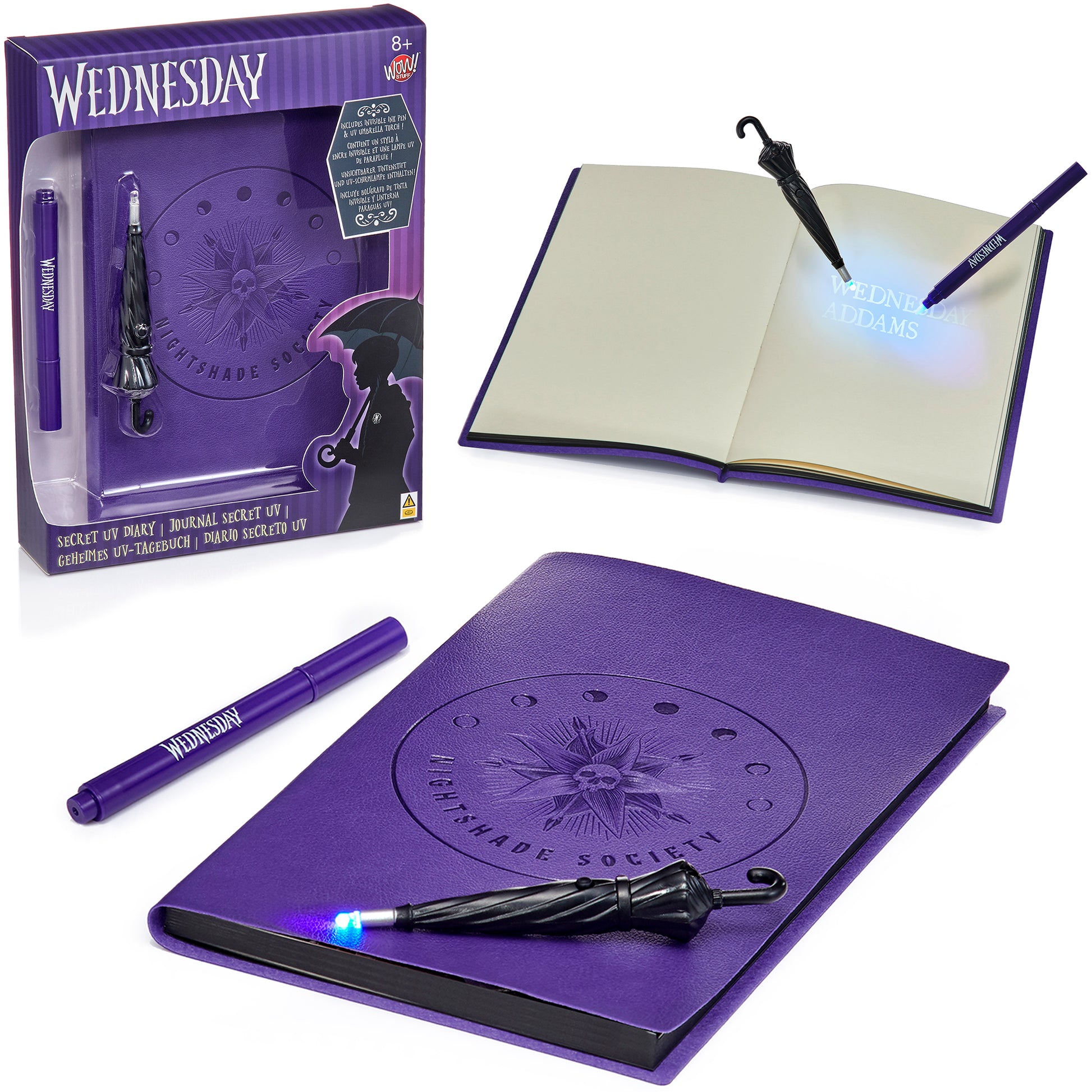 Wednesday Secret Reveal Journal with UV pen and umbrella, purple Nightshade Society design