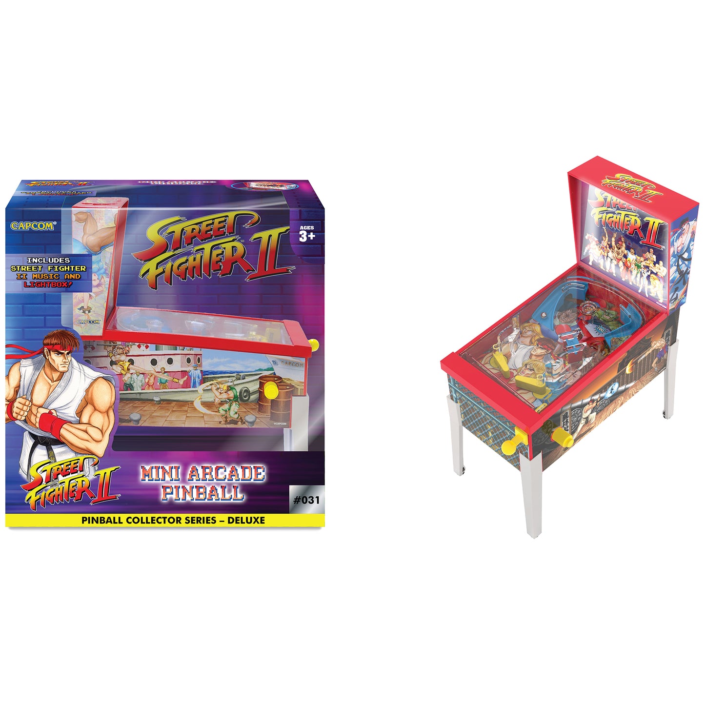 Street Fighter II Mini Arcade Pinball toy with red top, blue base, and legs