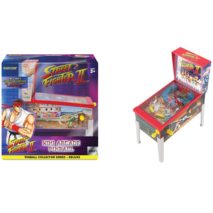 Street Fighter II Mini Arcade Pinball toy with red top, blue base, and legs