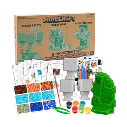 Minecraft 3-In-1 Activity Set with vinyl characters, beads, markers, paints, and pegboards displayed with packaging