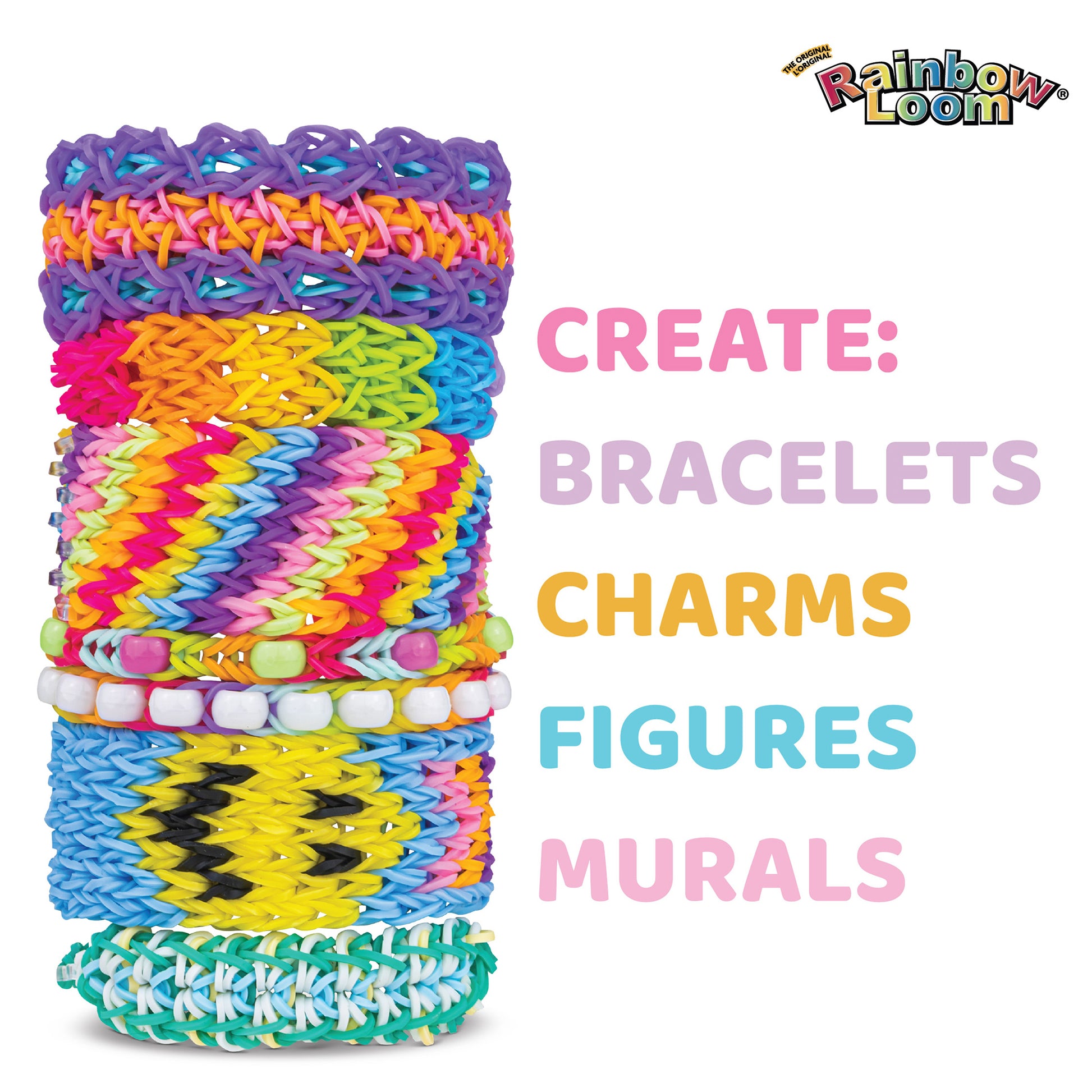 Rainbow Loom Flex Mega Combo Kit with colorful rubber band bracelets stacked in purple, pink, yellow, blue, and green