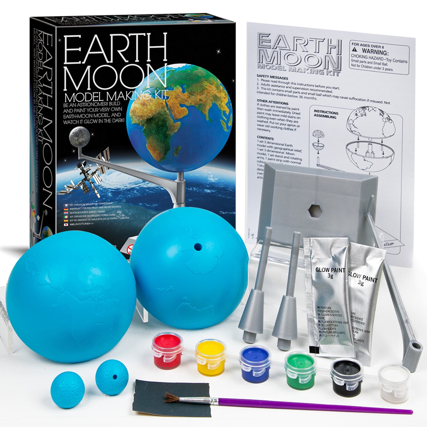4M KidzLabs Earth Moon Model Making Kit with blue spheres, paints, and assembly pieces