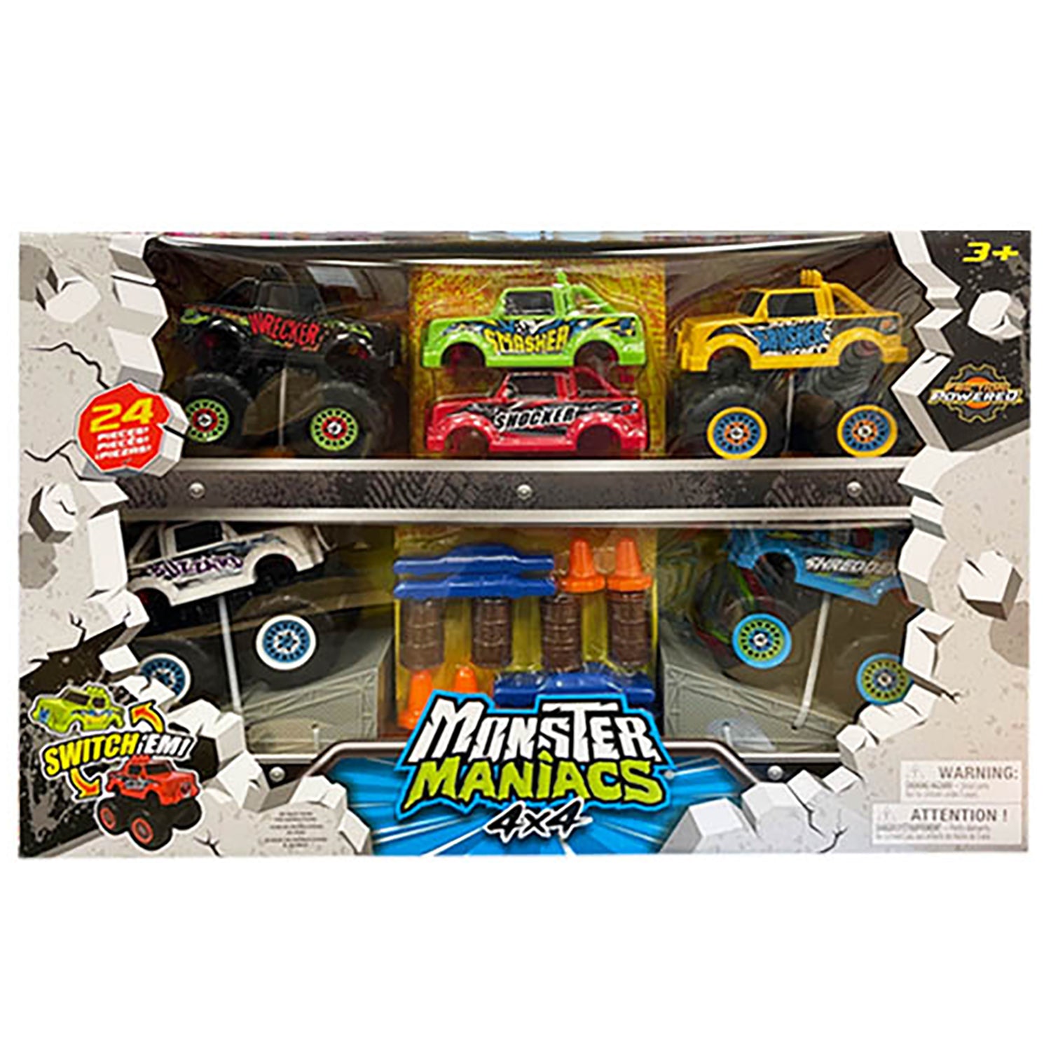 Monster Maniacs Switch 'Ems 24-piece monster truck playset with colorful die-cast vehicles and accessories in packaging
